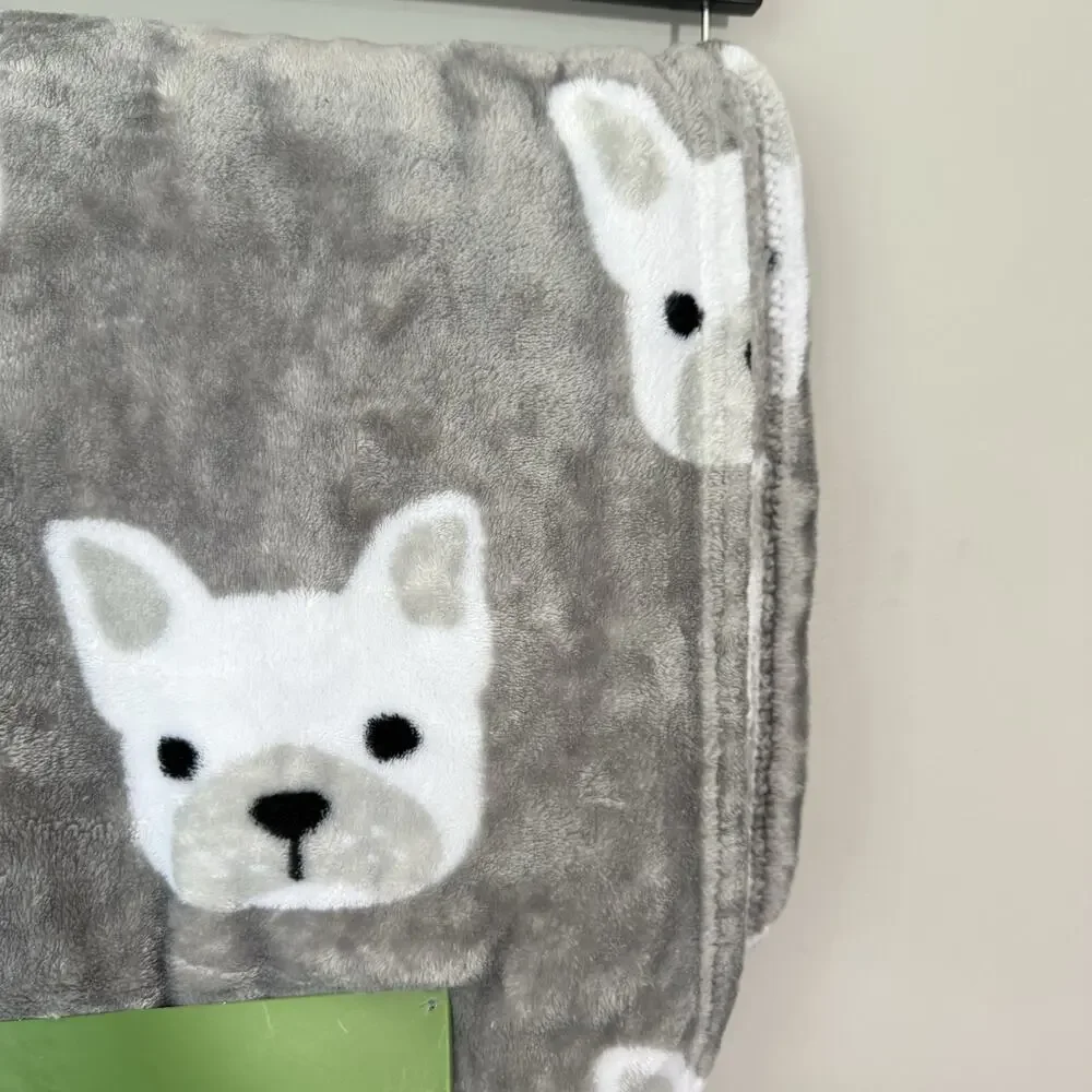 Kate Spade Plush Fleece Throw Blanket Gray French Bulldog Prints 60” X 70” New